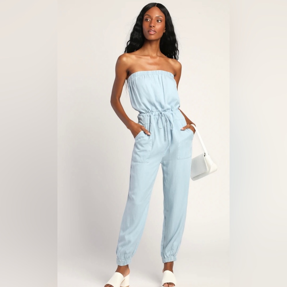 Best Days Out Light Blue Strapless Chambray Drawstring Jumpsuit tubetop